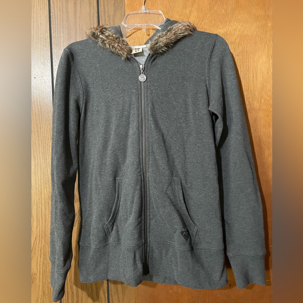Roxy Vintage Full Zip Up Hoodie. Faux Fur Trim. Gray. Small. Excellent Condition